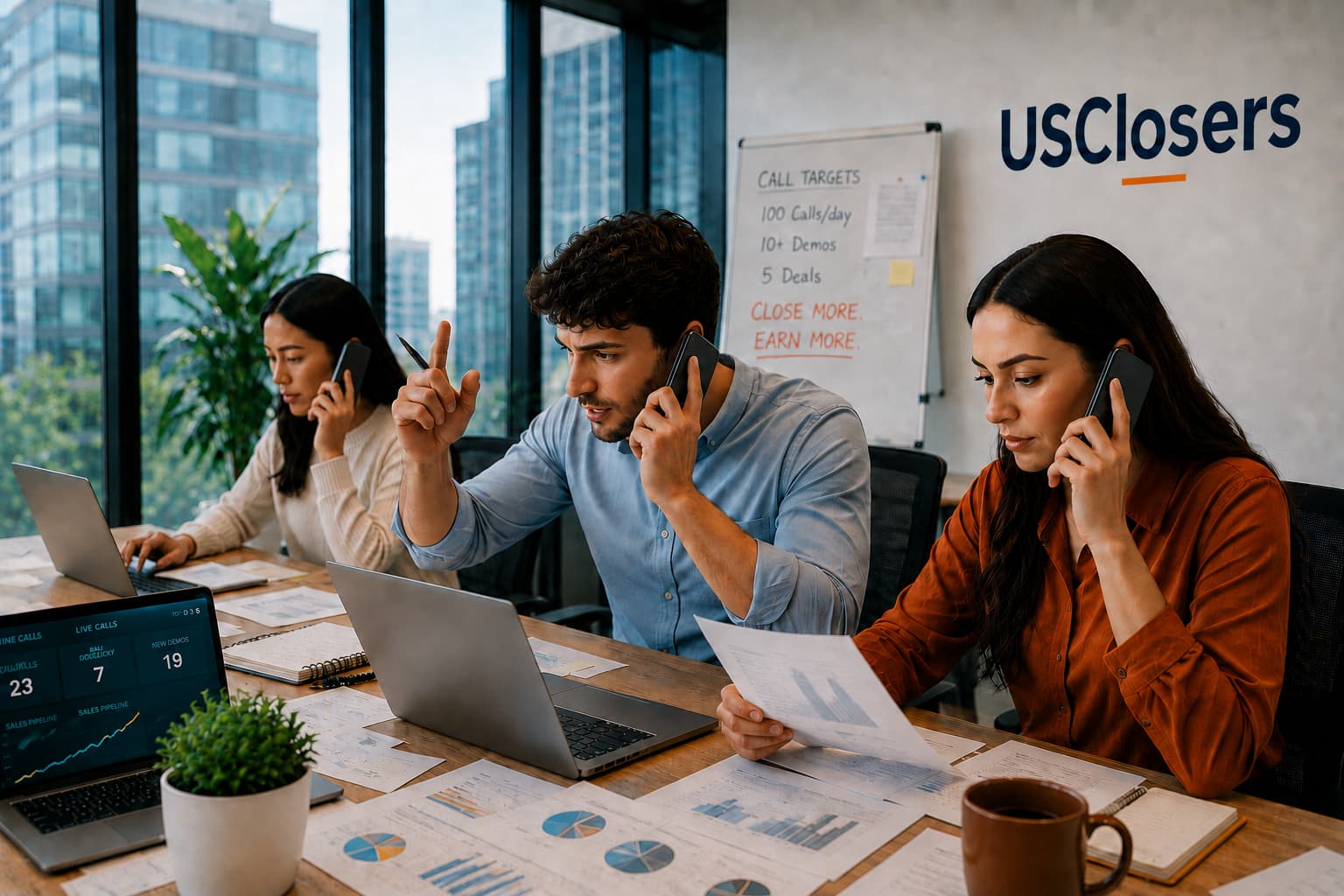 Dashboard showing live outbound calls, connect rates and demos booked by USClosers