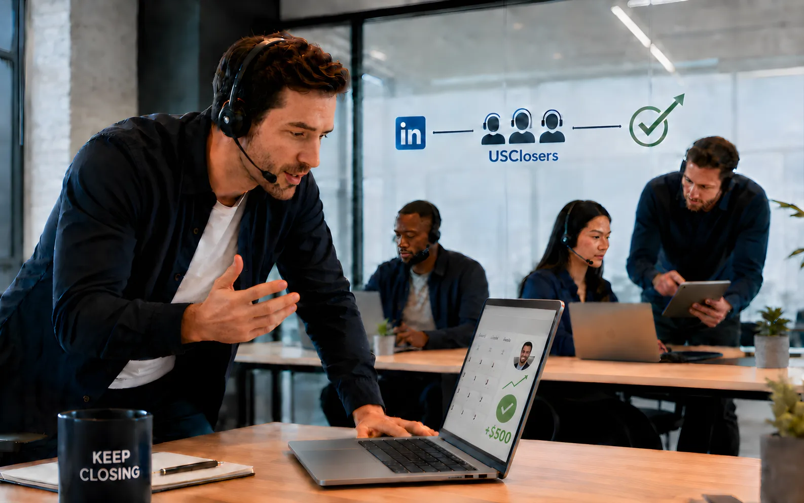 LinkedIn scouting process: an American scout selects an ideal prospect, starts a conversation, and hands the qualified lead off through a group chat